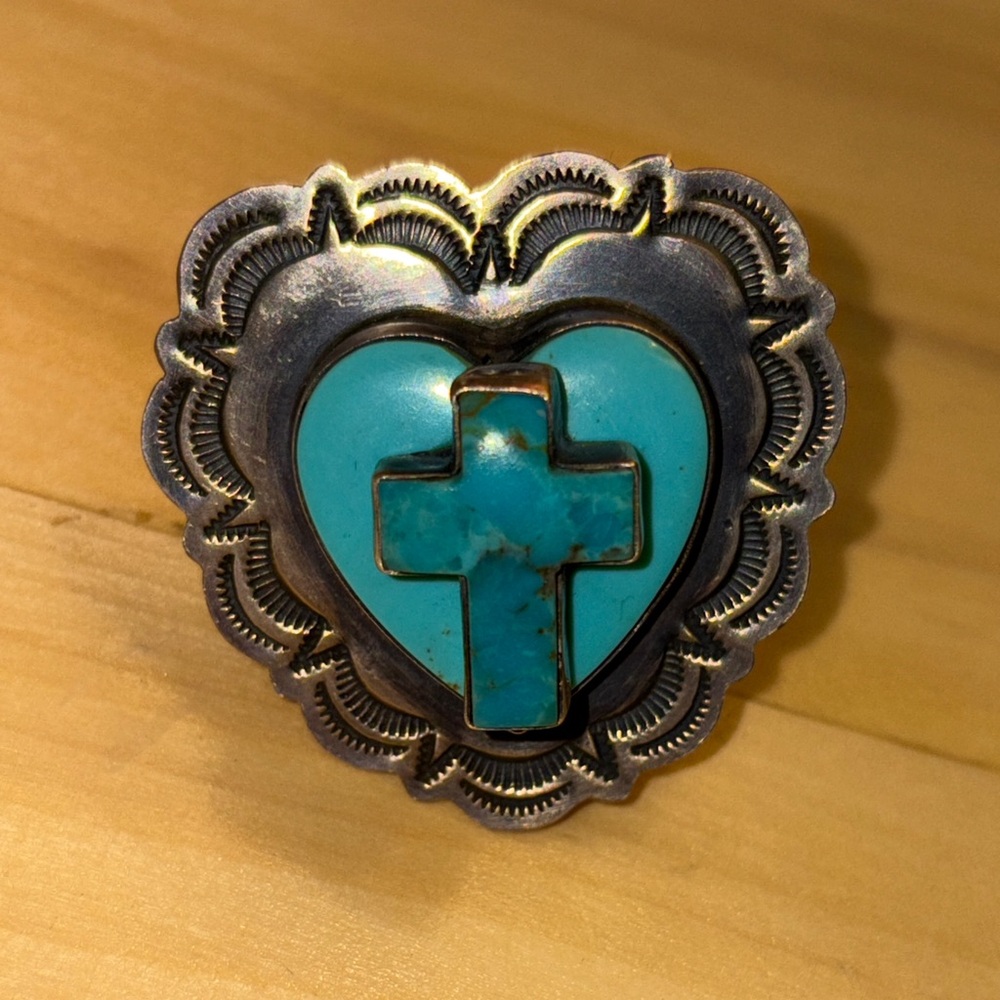 Turquoise and Silver Heart and Cross Ring